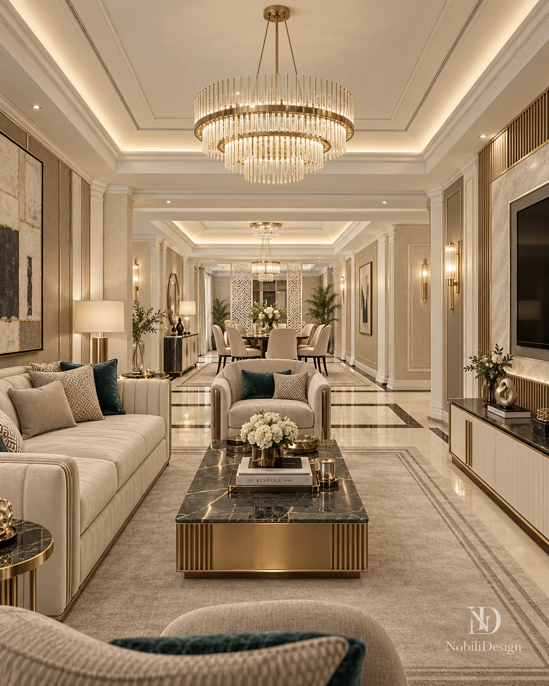 Concept design interior pentru livingul din vila de lux cu birou privat, proiect Nobili Interior Design