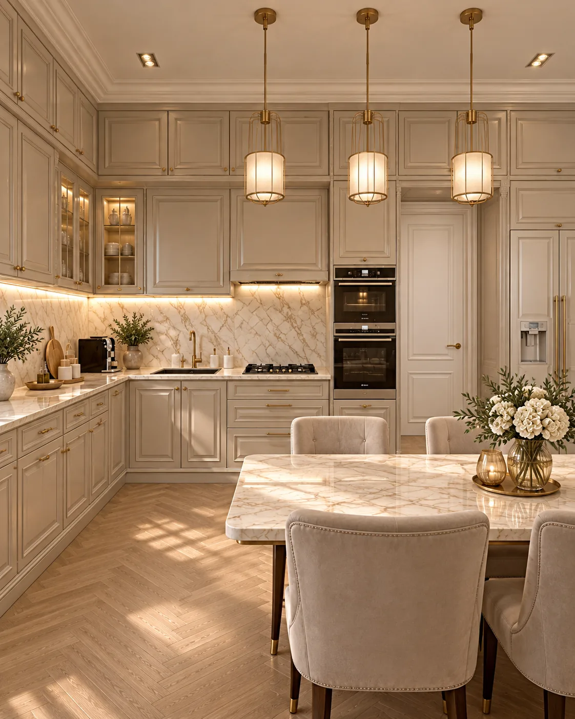 Amenajare rezidentiala de lux pentru bucataria din casa cu etaj in stil clasic modern, concept Nobili Interior Design