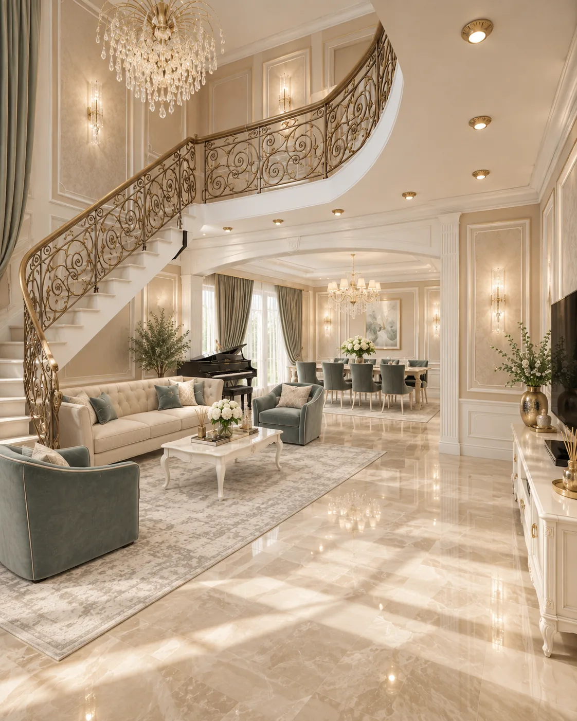 Concept de arhitectura interioara pentru livingul din casa clasica cu scara interioara curba, Nobili Interior Design