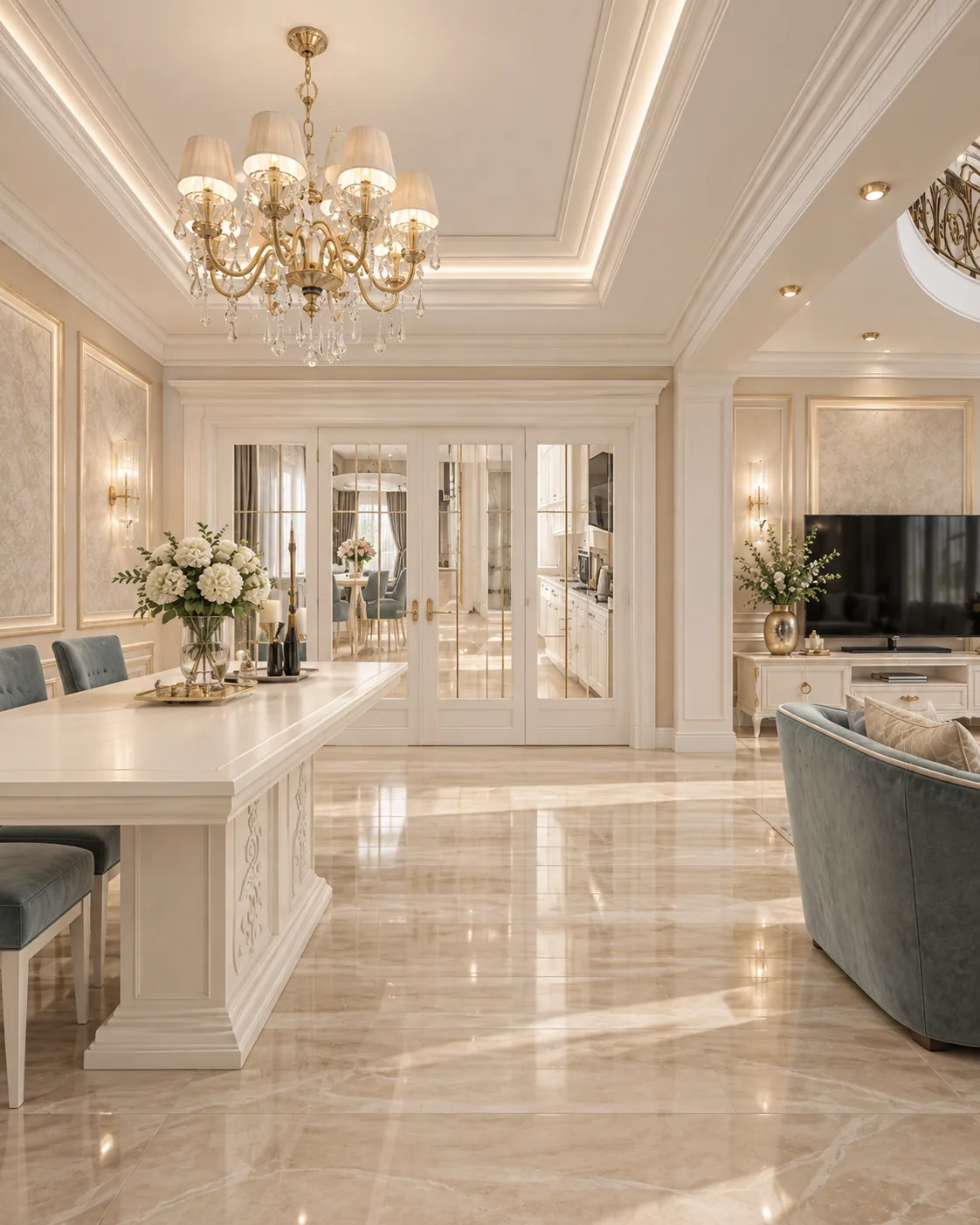 Amenajare rezidentiala de lux pentru zona de dining din casa clasica cu scara interioara curba, concept Nobili Interior Design