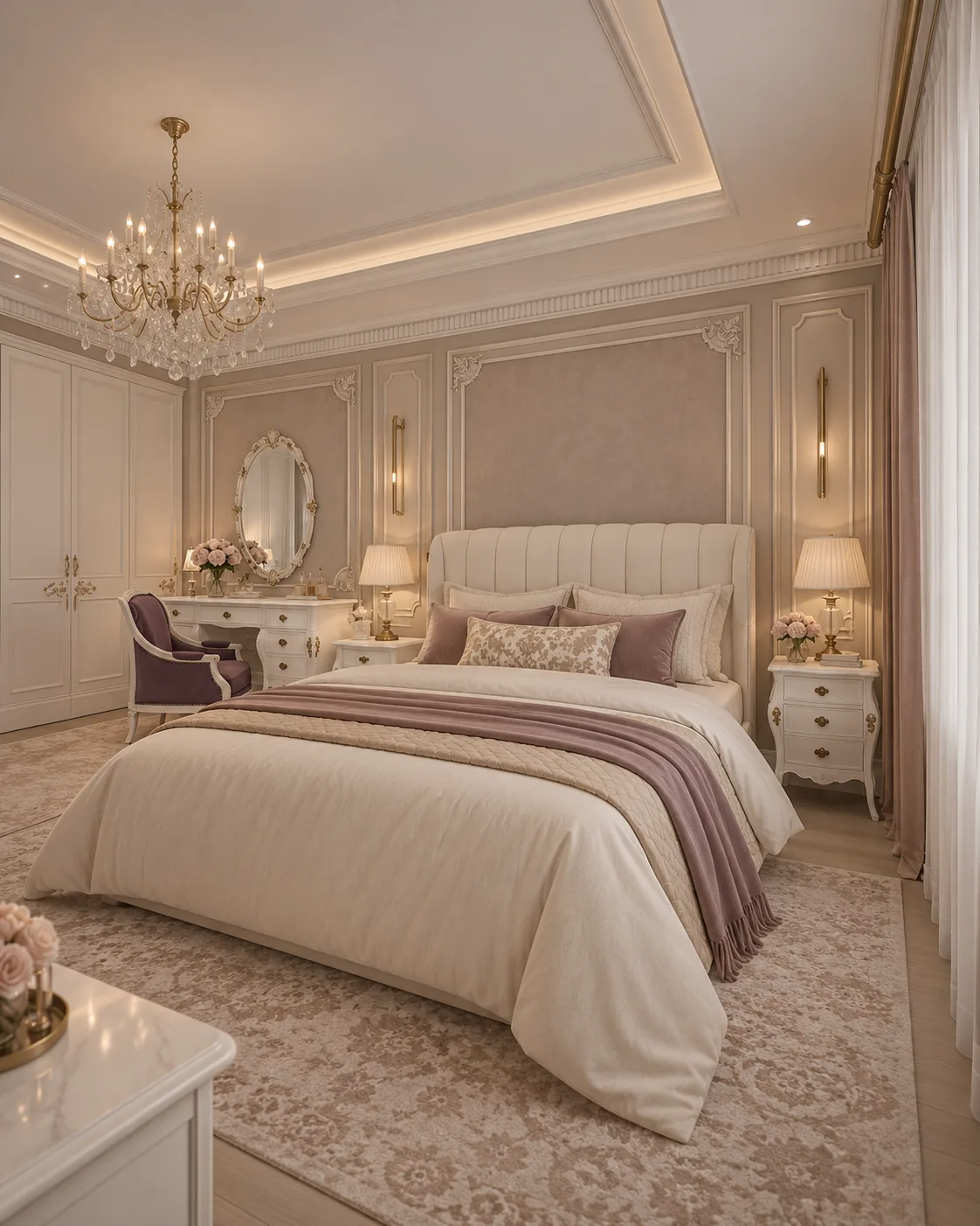 Concept design interior pentru dormitorul matrimonial din casa clasica cu scara interioara curba, proiect Nobili Interior Design