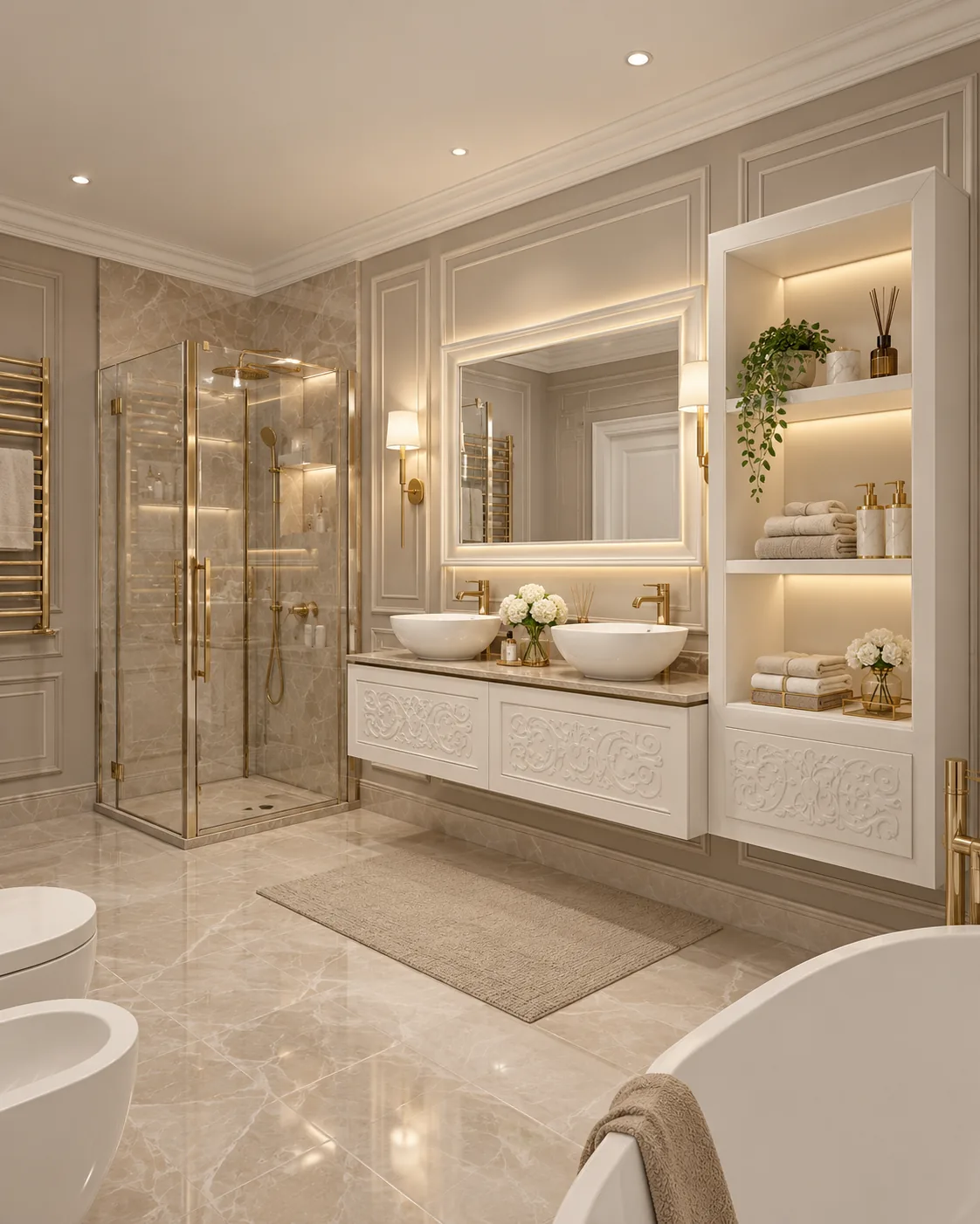 Proiect de amenajare interioara pentru baia matrimoniala din casa clasica cu scara interioara curba, Nobili Interior Design