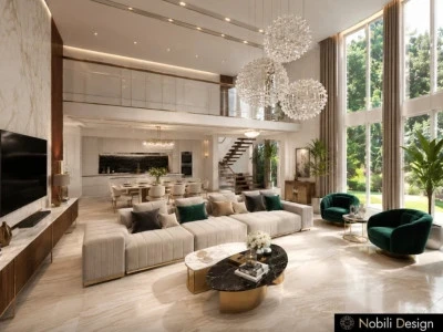 Zona TV si vitraje ample intr-un living modern cu inaltime dubla