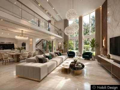 Living cu inaltime dubla si zona de dining intr-o casa moderna
