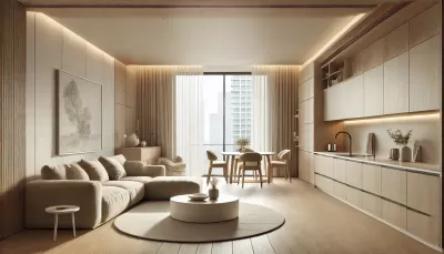 Amenajare apartament minimalist cu living open space, bucătărie integrată, dining luminos, finisaje mate și lemn deschis