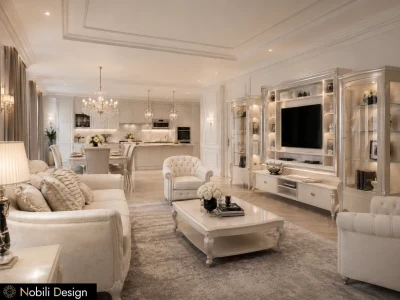 Concept de design living open space pentru casa clasica de lux cu mobilier Avenanti
