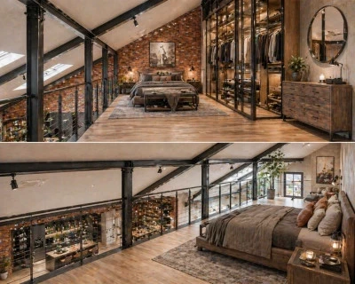 Doua perspective ale dormitorului loft pe mezanin, cu parapet metalic si mobilier din lemn
