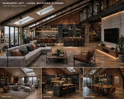 Mansarda amenajata in stil loft cu living, bucatarie si dining, caramida aparenta si grinzi metalice