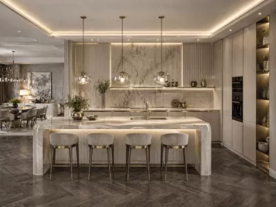 Design interior bucatarie luxury contemporana insula marmura