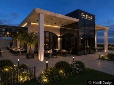Fatada restaurant premium cu terasa si lumina arhitecturala