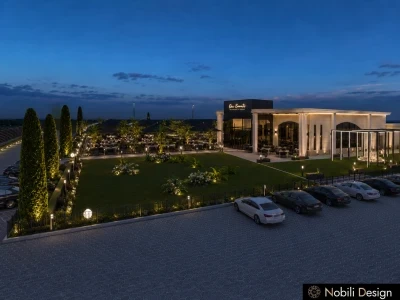 Amenajare terasa restaurant cu gradina si iluminat exterior