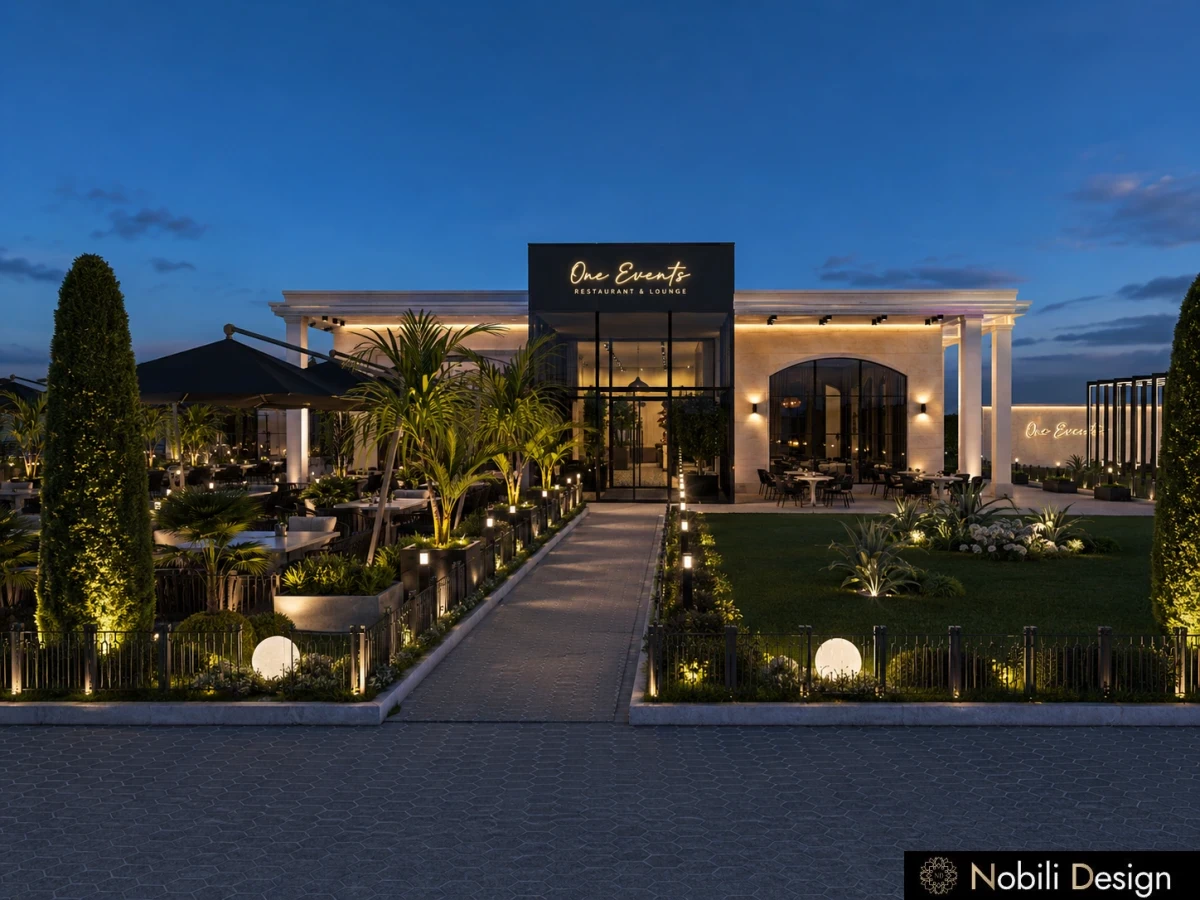 Prezentare design interior pentru exterior, Complex Restaurant si Lounge, cu detalii din conceptul de amenajare Nobili