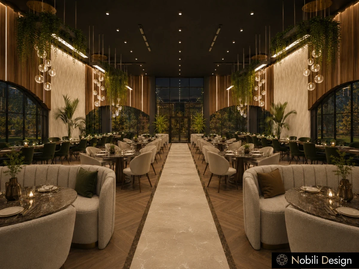 Randare 3D pentru scena, Complex Restaurant si Lounge, cu detalii din conceptul de amenajare Nobili