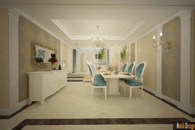 Living clasic de lux cu mobilier crem si decor simetric